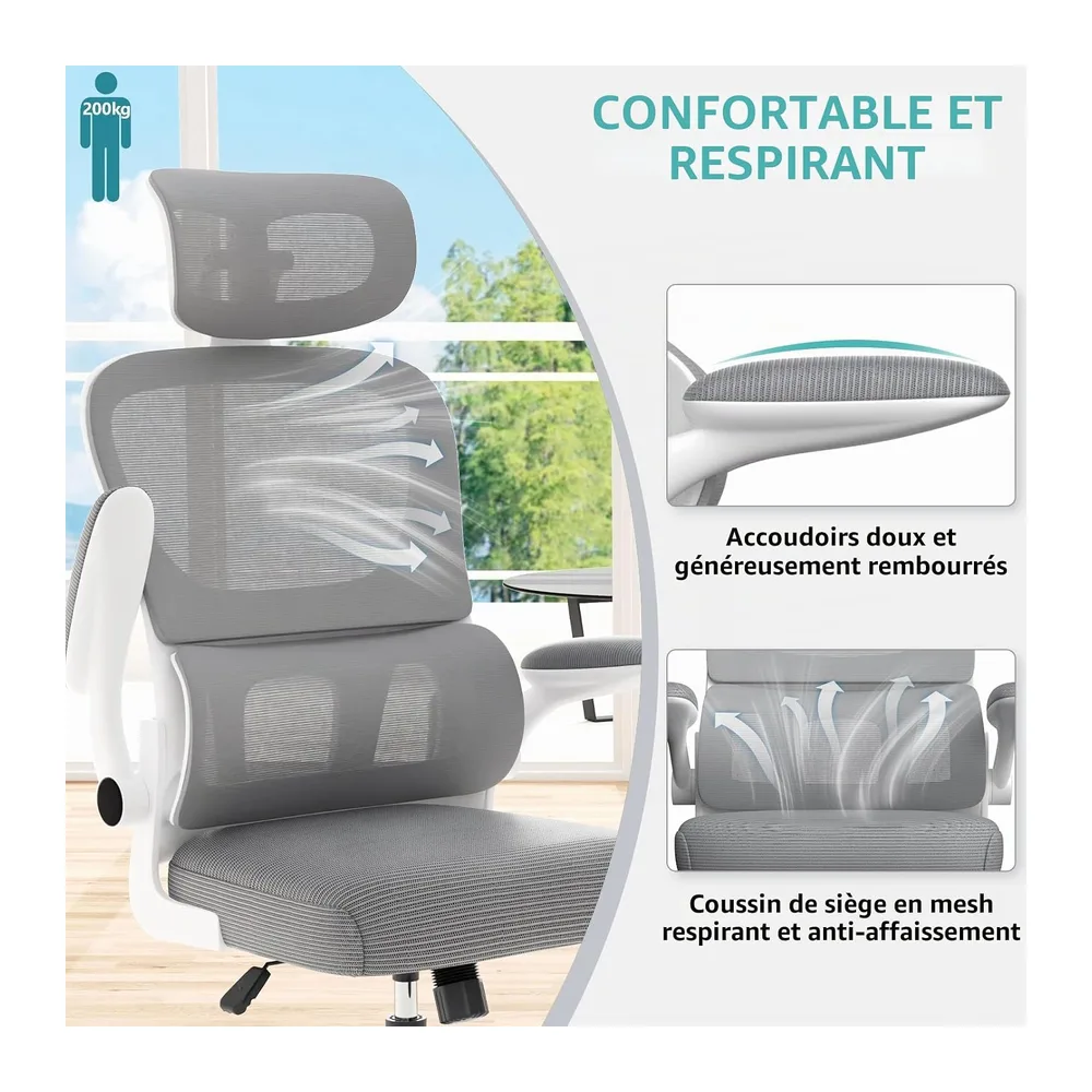 Chaise de Bureau - Fauteuil de Bureau Ergonomique avec Support Lombaire & accoudoirs & Appuie-tête réglables, Fauteuil d'ordinateur pivotant à Haut Dossier Confortable pour Bureau, Gris