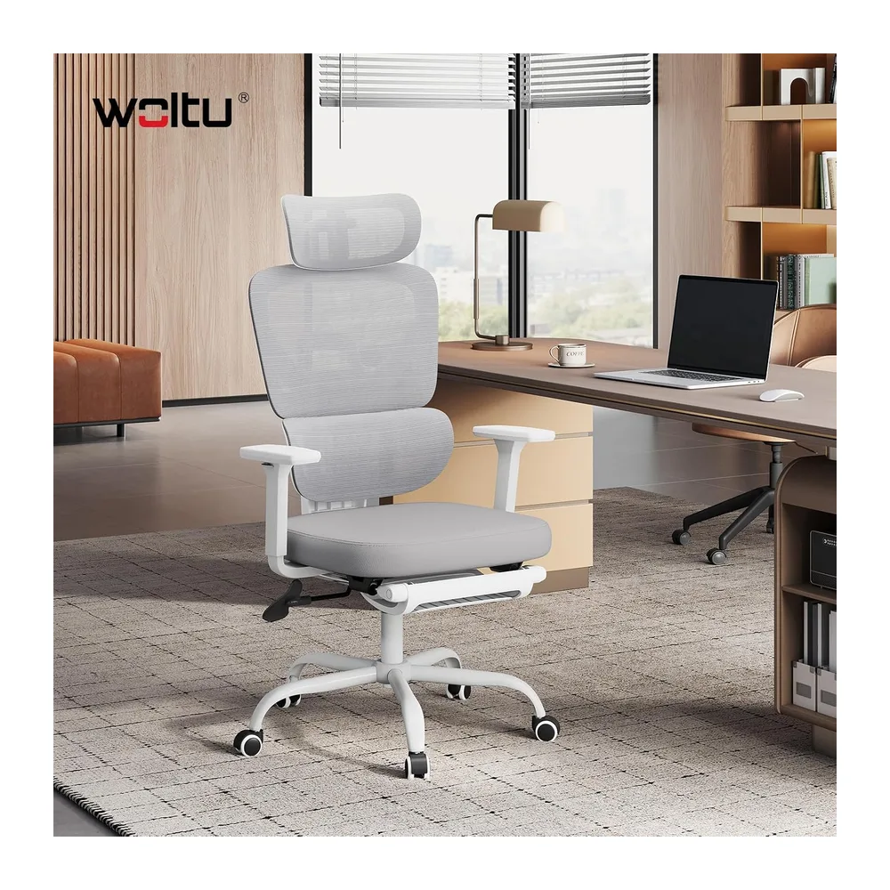 WOLTU Chaise de Bureau en Maille, Fauteuil de Bureau Ergonomique,Gris+Blanc