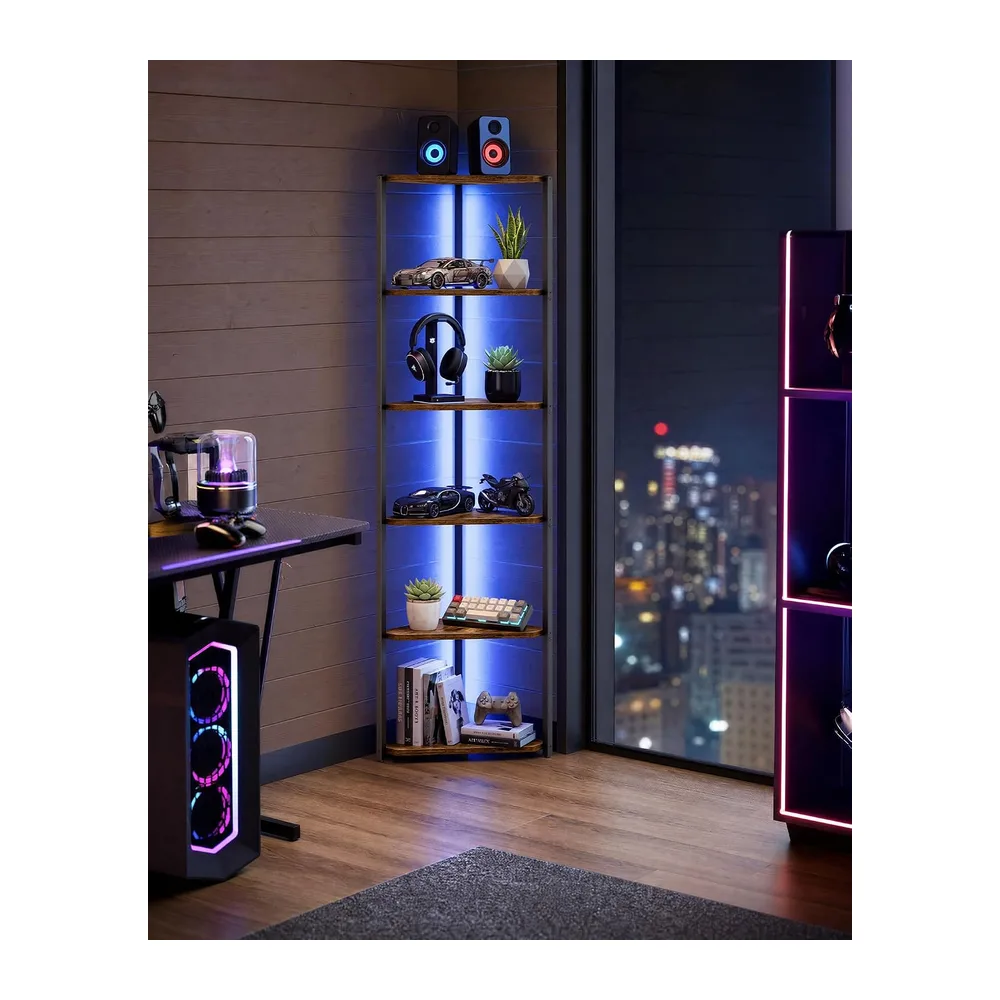 VASAGLE Étagère d'angle à 6 Niveaux, Bibliothèque avec Éclairage LED Réglable, Meuble de Rangement avec Cadre en Acier, 24,8 x 48 x 182,1 cm, pour Salon, Chambre, Bureau, Marron Rustique LBC591KD01