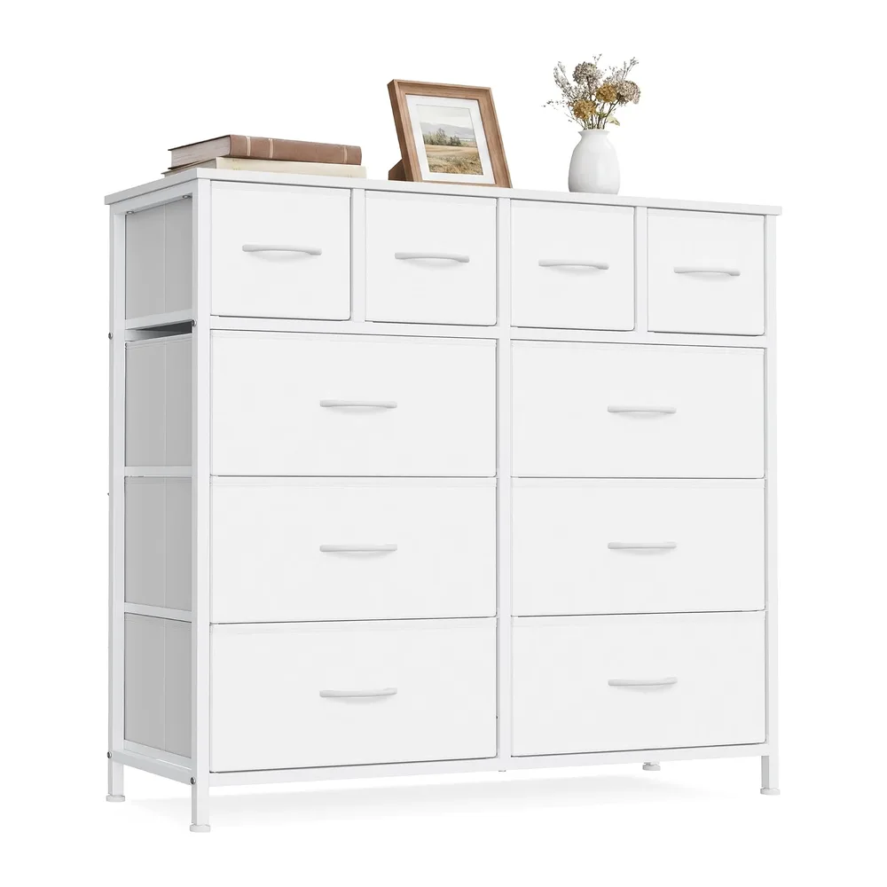 SONGMICS Commode avec 10 Tiroirs, Meuble de Rangement, Cadre en Acier, Tiroirs en Tissu, 98,7 x 30 x 96,2 cm, pour Chambre, Salon, Blanc Nuage, Collection BELLAH LGS236W101