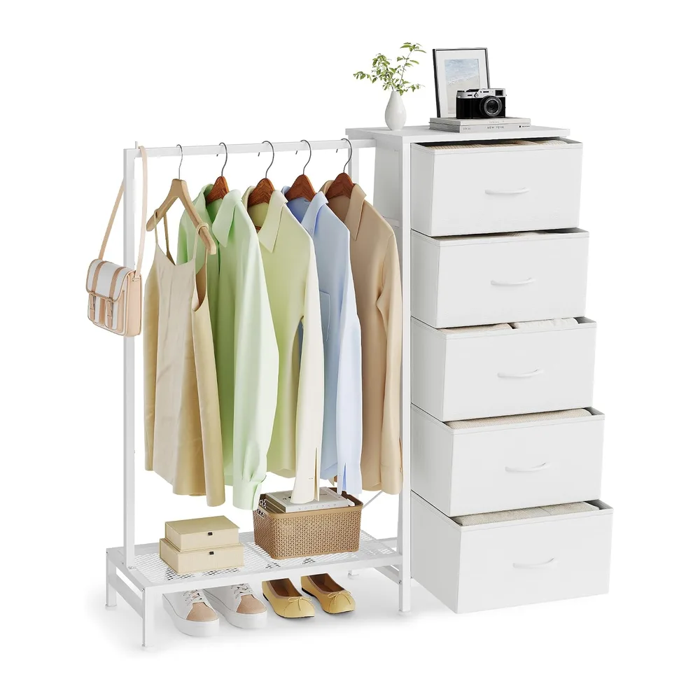 SONGMICS Commode Chambre, Portant à Vêtements avec 5 Tiroirs, Meuble de Rangement, Tringle, Étagère Chaussure, 96,2 x 30 x 117,7 cm, pour Chambre, Entrée, Blanc Nuage, Collection BELLAH LGS423W101