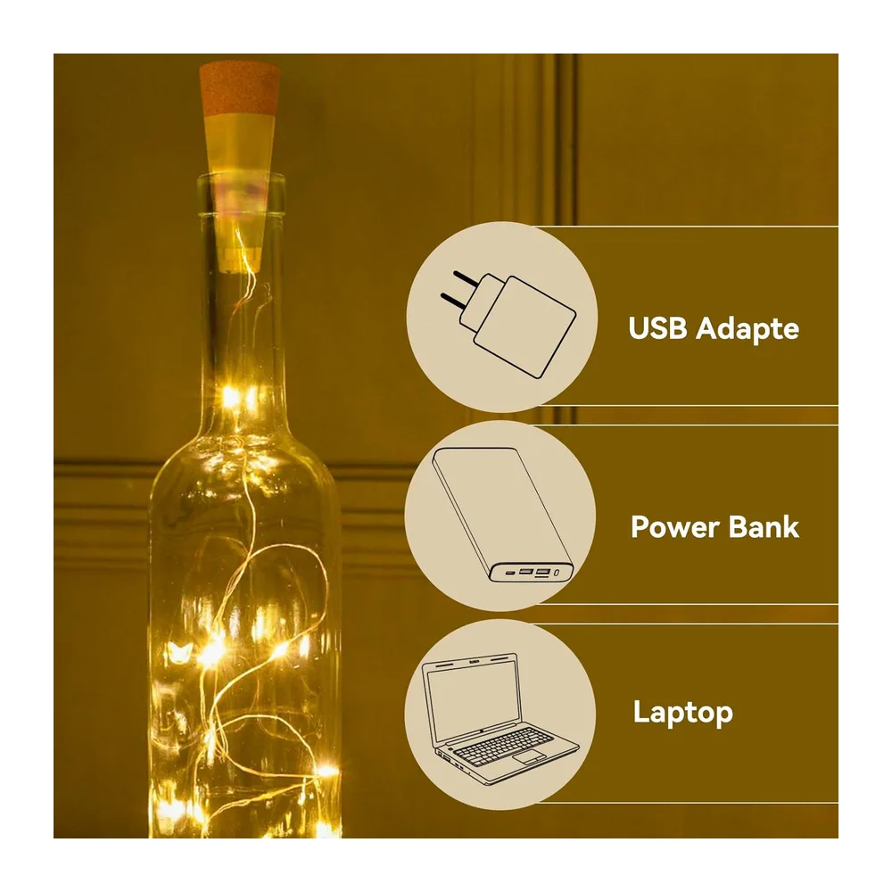 Lot de 3 guirlandes lumineuses avec bouchon USB rechargeables, 2 m, 20 LED, fil de cuivre, pour décorations de Noël, fêtes, mariages, bocaux, bricolage (multicolore, 3 pièces) [Classe énergétique A]