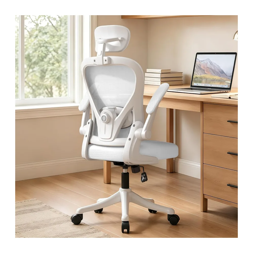 Chaise de Bureau Ergonomique avec Soutien Lombaire Réglable, Fauteuil de Bureau avec Appui-Tête et Accoudoirs Relevables, Chaise Informatique pour Télétravail et Étude, Blanc