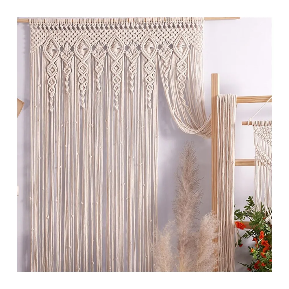 Rideau de porte en coton tissé à la main pour rideau de porte, séparateur de fenêtre en dentelle bohème, décoration d'intérieur, fond de mariage, fête, beige, 90 x 180 cm