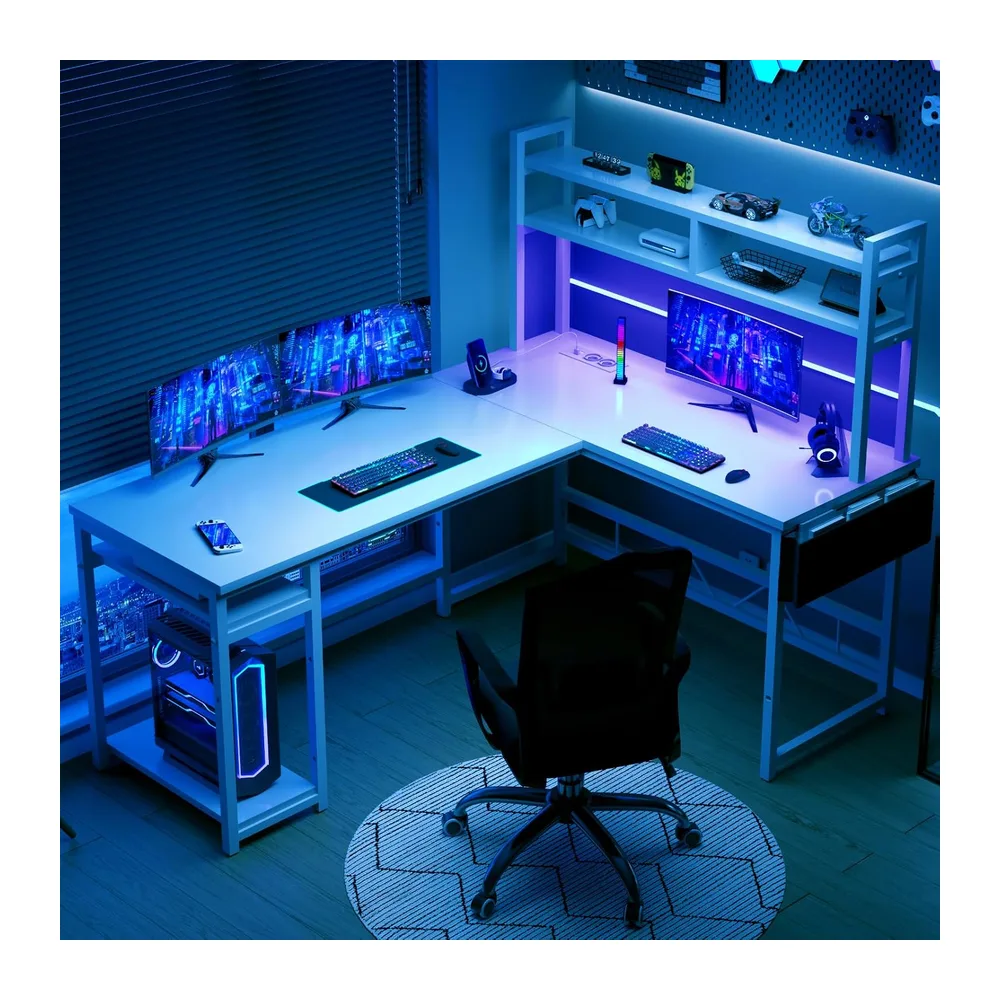 JUMMICO Bureau Gaming d'angle en L avec Rangement, 160x120 cm, Blanc
