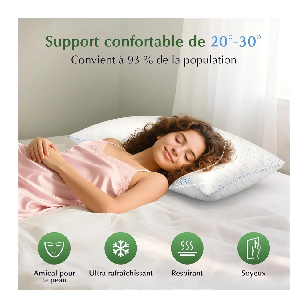 TESQ Oreiller rafraîchissant 65x65 cm Lot de 2 Confort et Soutien Équilibré