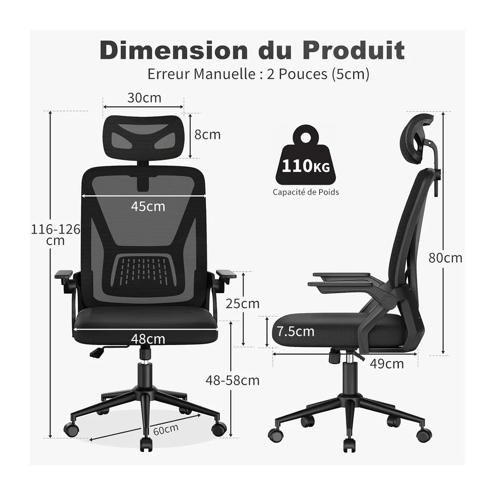 naspaluro Chaise de Bureau Ergonomique, avec accoudoirs réversibles à 90°, siège en Maille Respirante, Fonction Rotation et basculement à 360°, Convient au Bureau et à la Maison, Noir