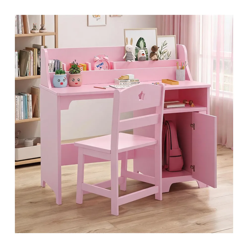 Ensemble Bureau + Chaise Enfant en Bois - Bureau d’étude Compact avec surmeuble (Hutch) et Placard de Rangement - Table d’écriture/Ordinateur pour Chambre ou Salle d’étude - Rose