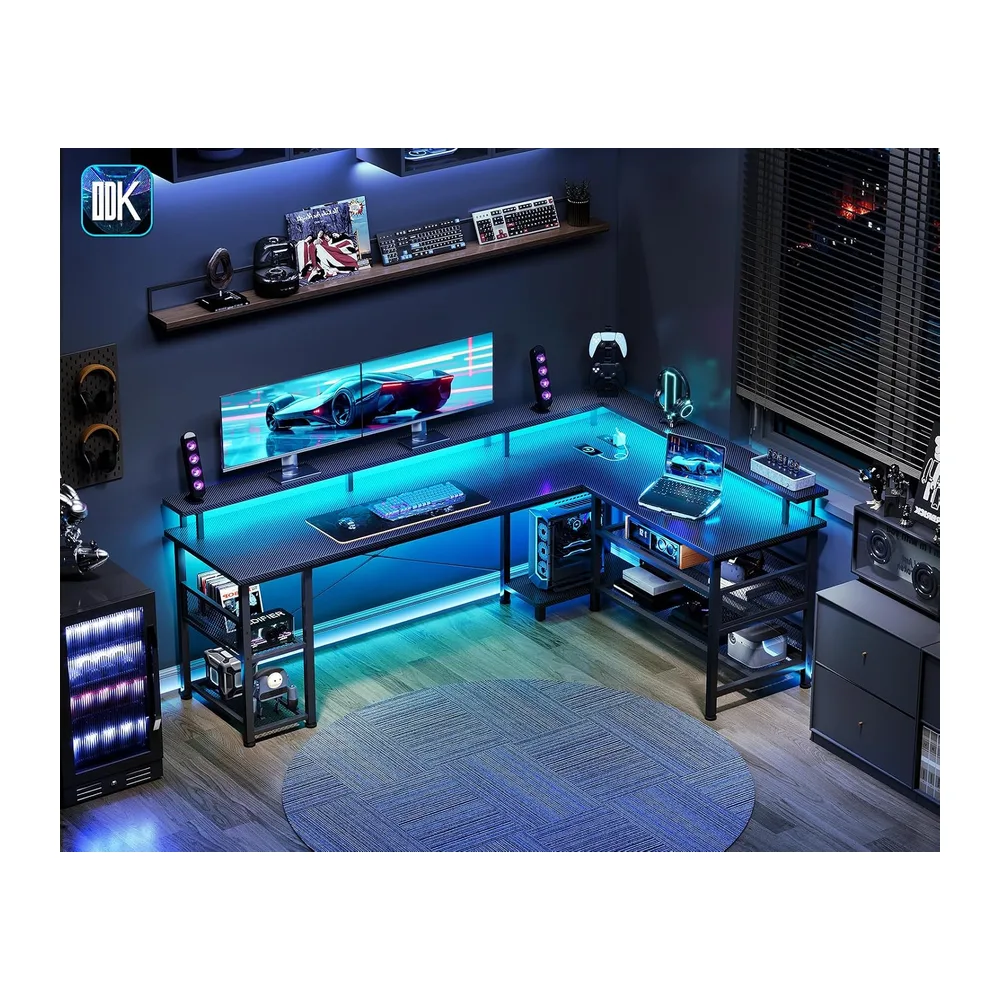 ODK Bureau Gaming d'angle LED, 168×120cm, Noir Carbone
