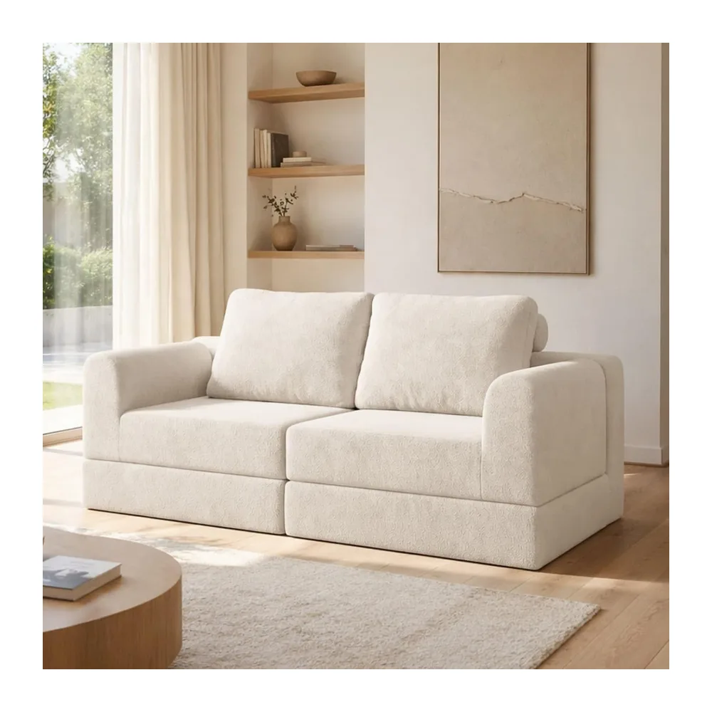 KOMHTOM Canapé-lit Convertible 2 Places, Fauteuil Multifonctionnel, Tissu en Flanelle, Structure 2 Niveaux, Mousse Pure Confortable, Idéal pour Studio (Beige - D)