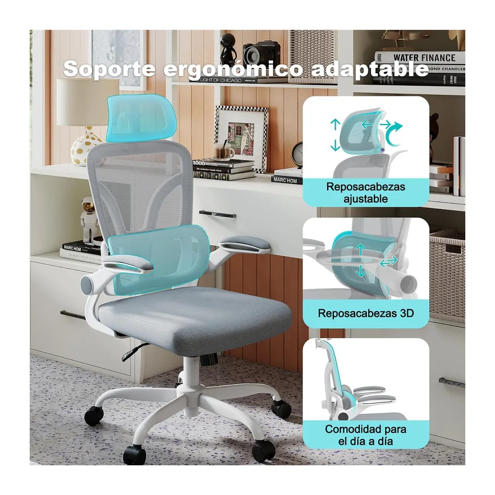 Chaise de Bureau Ergonomique Appuie-tête réglable, accoudoirs et Support Lombaire Fonction Rotation à 360° (C-R6W)