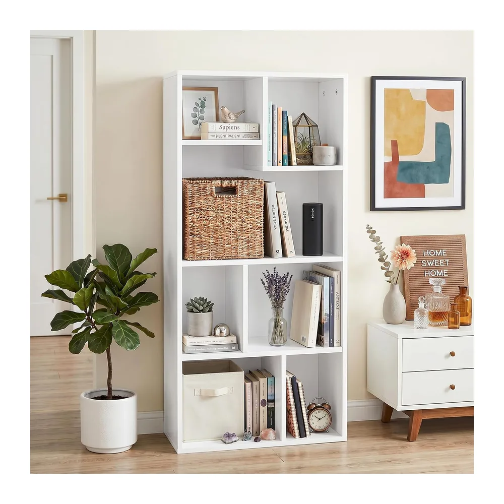 VECELO Bibliothèque Étagère de Rangement à 4 Niveaux en Bois, Meuble de Rangement à 7 Cubes, 50×24×107.2 cm, Meuble Autoportant pour Salon, Chambre, Bureau à Domicile, Blanc