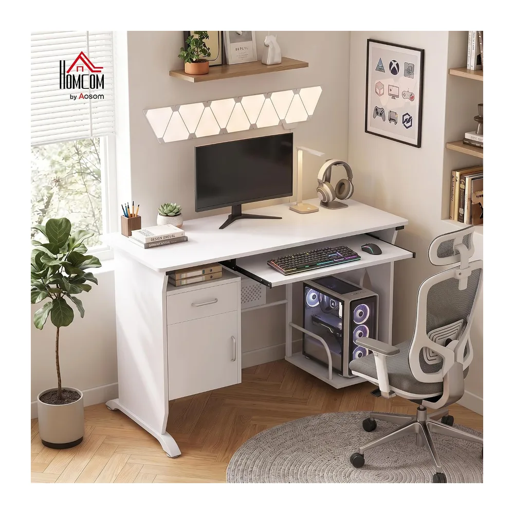 HOMCOM Bureau d'Ordinateur, Tablette Coulissante 100x52x75 cm Blanc