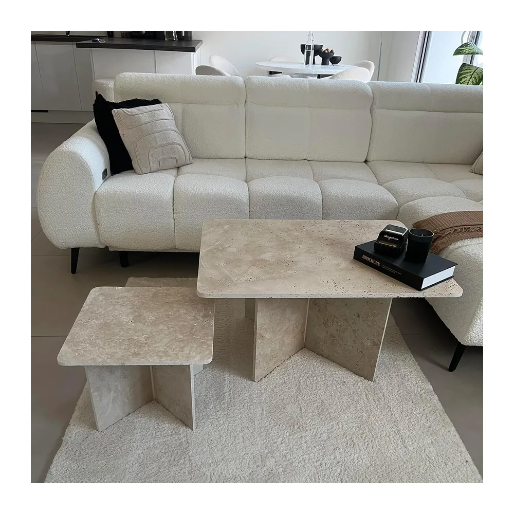 Table Basse Travertin Rectangle 80x60x42cm + Extension carrée 40x40x32cm Angles Arrondis - Salon Pierre Naturelle Design