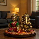 Laxmi Ganesh Set Idol Brass look Resin Gold Finished Lakshmi Ganesha Idols for Diwali Gifts Puja 4.3 Inch